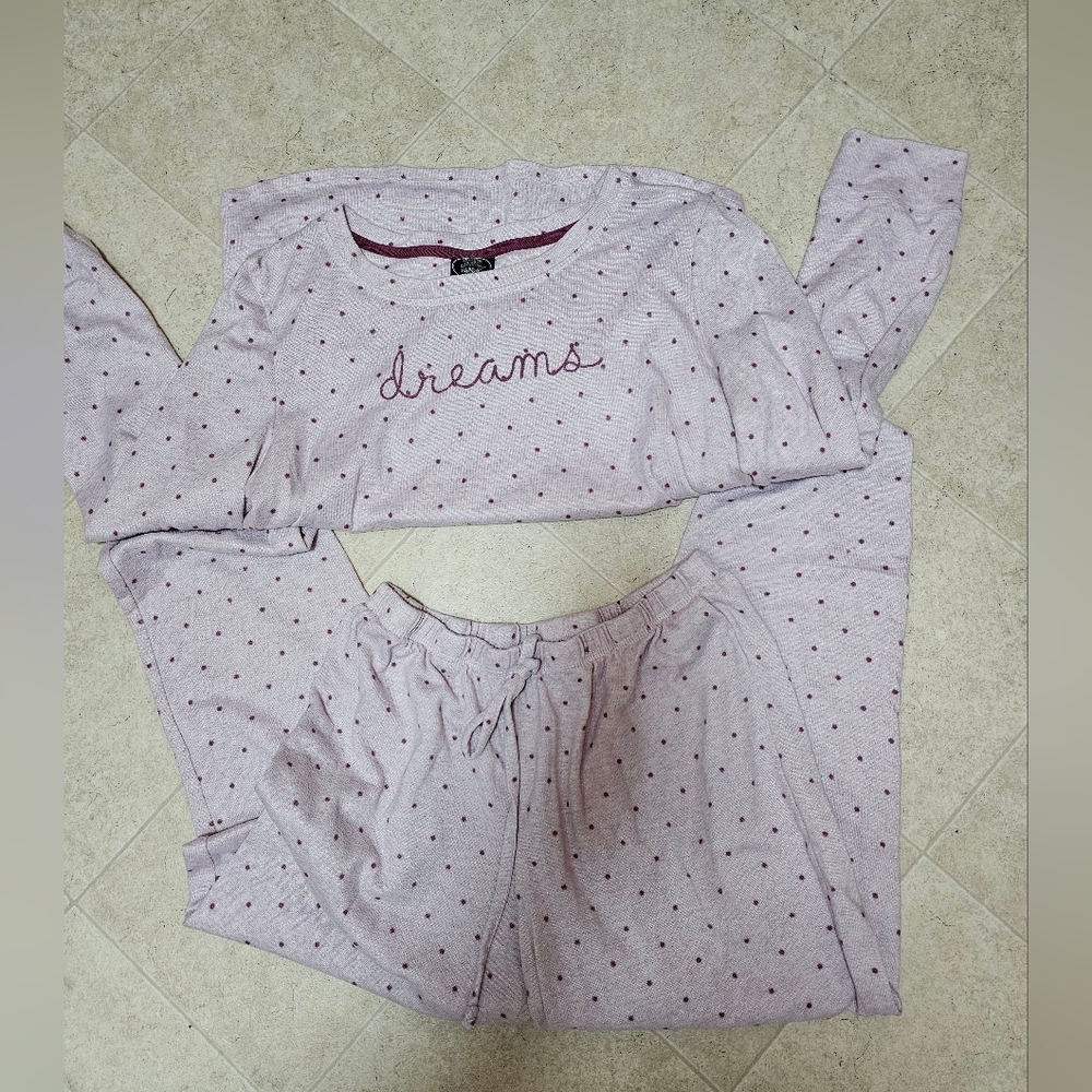 Laura Ashley Pajama Set Women’s Sz Med Pink Polka Dot Dreams 2pc Excellent Cond